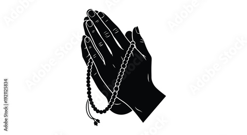 A striking black silhouette depicts praying hands clasped together adorned with a rosary offering a moment of devotion silhouette