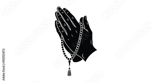 A striking black silhouette depicts praying hands clutching a rosary symbolizing faith and devotion silhouette high quality professional
