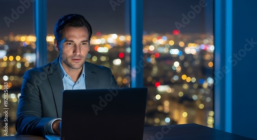 Wallpaper Mural Man in suit working on laptop at night with city lights in background Torontodigital.ca