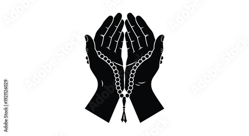A striking black image depicts two praying hands holding prayer beads displaying a bold silhouette high quality professional