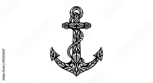 An intricately detailed black anchor design with floral embellishments and rope presented as a silhouette high quality professional