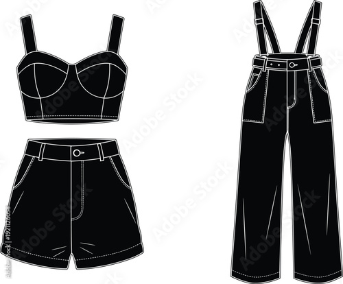 Technical flat fashion sketch of a black denim three piece set featuring a corset style crop top, high waisted shorts, and wide leg overalls.