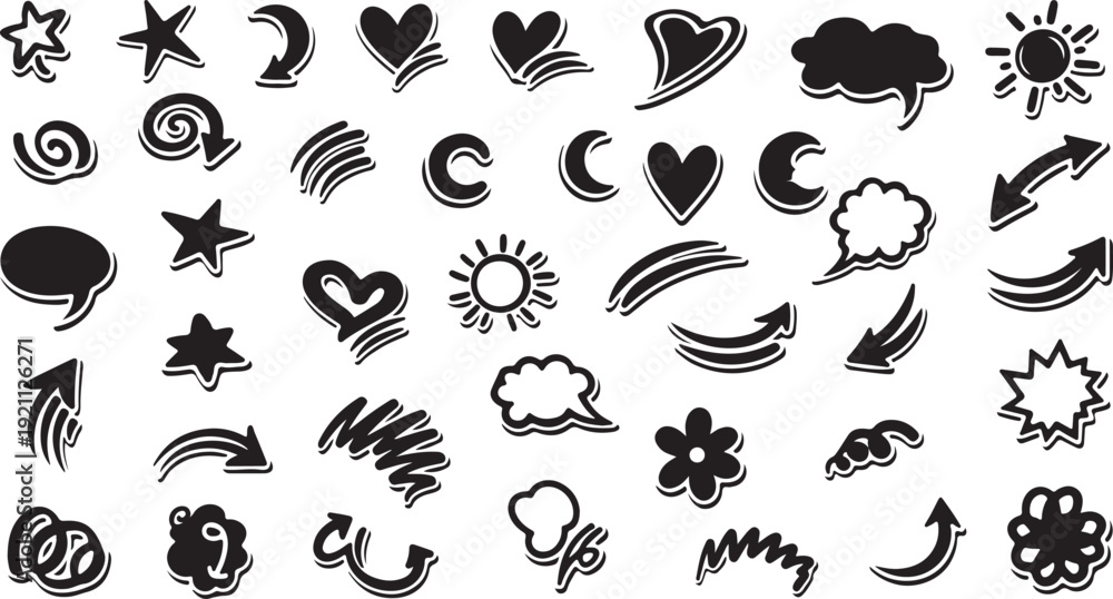 Obraz premium Hand drawn doodle icons set in simple black line art style on white background for graphic design