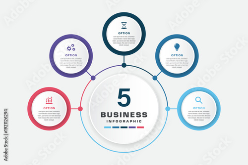 Circular business infographic template with five connected colorful option icons for chart, magnifying glass, light bulb, hourglass, and gears, designed for corporate strategy, workflow, process steps