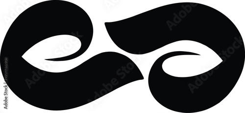 Symmetrical abstract black and white logo design featuring two stylized organic shapes resembling infinite leaves or flowing scrolls interconnected centrally