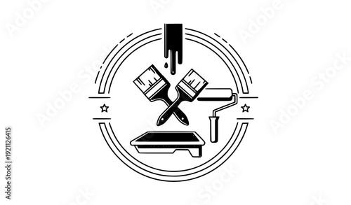 Painter tools badge style icon vector with crossed brushes roller and paint symbols for service branding