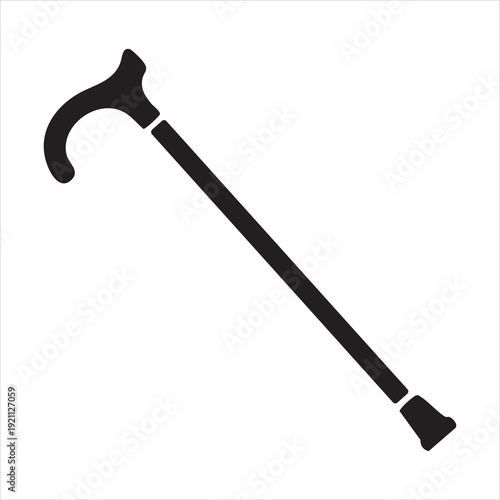 Black silhouette of a classic wooden walking cane with a curved handle, representing support, age, disability aid, and independence for elderly people Adobe Illustrator Artwork