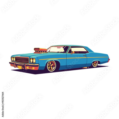 Illustration of a blue vintage muscle car with a large engine on a white background, many details visible.