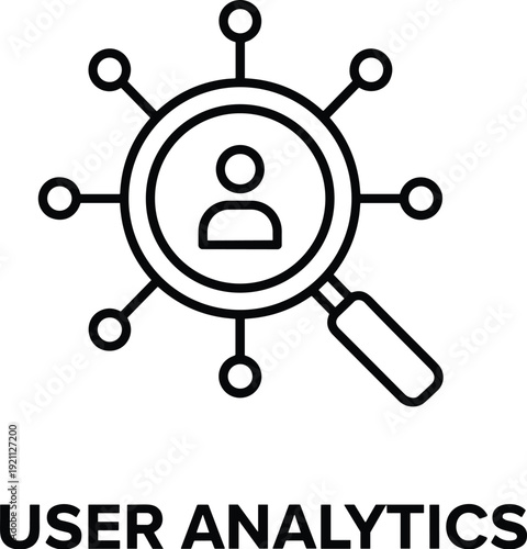 Black and White Icon of Magnifying Glass with Human Figure, Representing User Analytics, Data Insights, Behavior Tracking, and Digital Connectivity