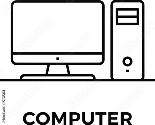 Black and White Line Drawing of Desktop Computer with Monitor and Tower, Featuring Bold Text Label for Educational and IT Representation