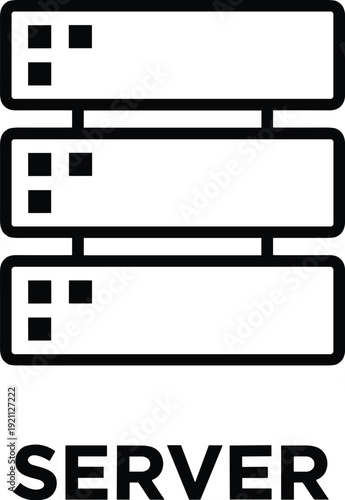 Black and White Server Stack Icon with Three Units, Representing Computing Infrastructure, Networking, Data Management, and Digital Technology Systems