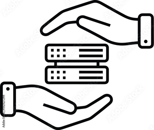 Protective Hands Surrounding Server Racks, Black and White Line Illustration Depicting Cybersecurity, Data Protection, IT Infrastructure, and Secure Digital Management