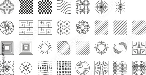 Grid of Thirty Unique Black and White Geometric Patterns, Featuring Symmetry, Optical Illusions, Abstract Designs, and Visual Perception Elements