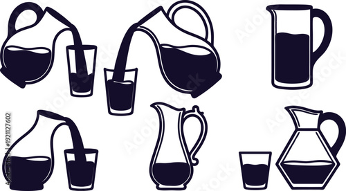 Collection of black silhouettes of jugs and glasses with liquid on white background  various pouring actions