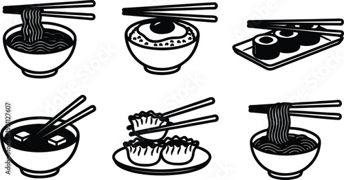 Collection of various Japanese noodle and sushi dishes with chopsticks  bowls and plates of food