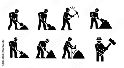 construction workers in hard hats performing essential manual labor tasks shoveling picking drilling and hammering illustrating industry and physical work.
