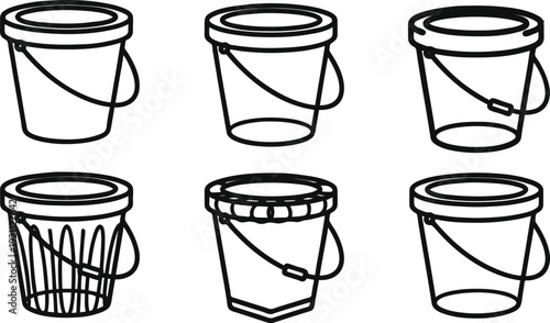 Collection of six different empty bucket line art illustrations with handles in various orientations on white background
