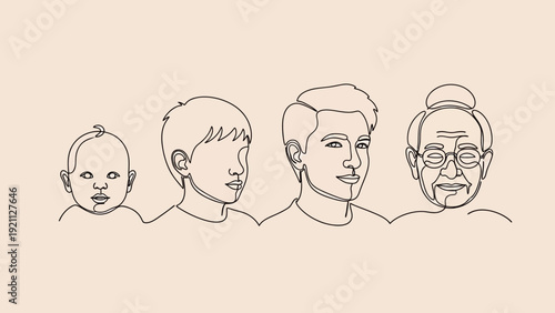 continuous line art human life stages baby child adult elderly depicting growth aging generations life cycle journey.