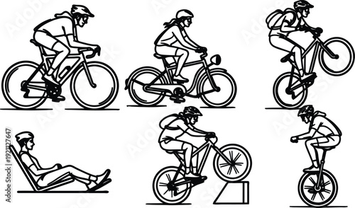 Black and white illustrations of various cyclists riding bicycles in different positions and styles on white background