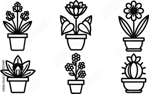 Black line drawings of potted plants and succulents in pots  various decorative flowers and cacti in planters