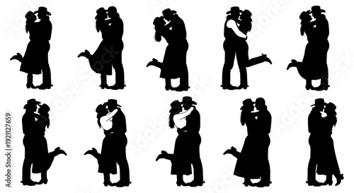 cowboy and cowgirl silhouettes embracing and kissing in a romantic country western dance ideal for rustic design and love stories.