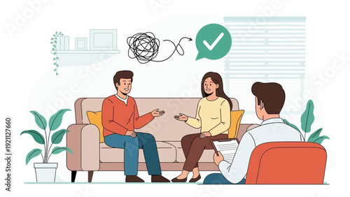 couple in therapy session with therapist resolving relationship problems and enhancing communication for improved mental wellness.