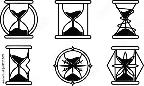 Hourglass icons in various designs and shapes  sand timers  clocks  time symbols