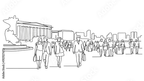 continuous line drawing of people walking on a city street with buildings and a skyline illustrating urban daily life.
