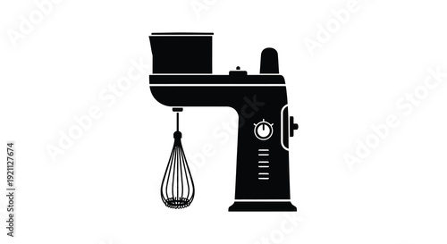 A stark black silhouette of a vintage stand mixer with a wire whisk attachment is prominently displayed silhouette
