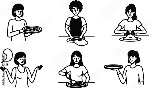 People making and eating pizza in various actions and poses  preparing serving holding slices and dough