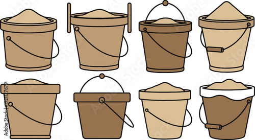 Illustration of various brown buckets with sand on white background