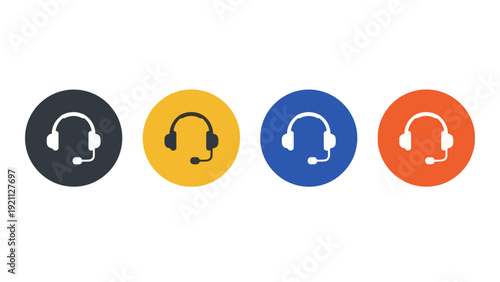 customer service headset icons on colorful circular backgrounds symbolizing online support call center communication and helpdesk services.