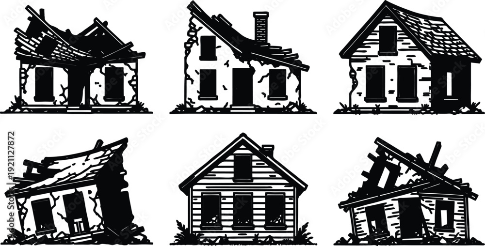 Obraz premium Six destroyed houses with broken windows and damaged roofs illustration of dilapidated homes in various states of disrepair