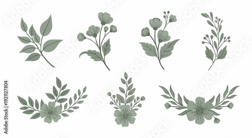 Set of sophisticated green floral arrangements, bouquets, and wreaths in a soft illustrative style. Ideal for wedding invitations, greeting cards, and feminine branding.