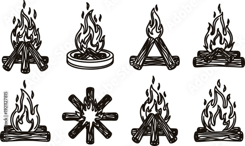 Set of various campfire illustrations with different flames and log arrangements