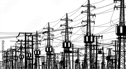 dense silhouette of power lines and transmission towers against white illustrating electrical energy infrastructure.