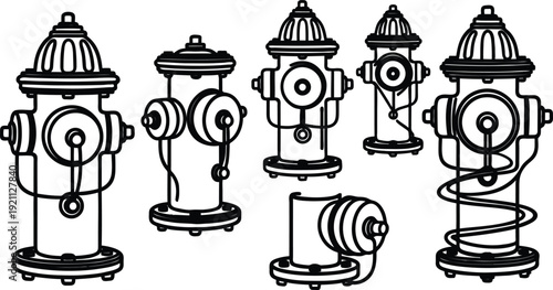 Setofsixdifferentfirehydrantsinlineartstyleisolatedonwhitebackgroundforurbaninfrastructuredesign