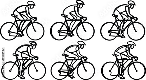 Six black line drawings of cyclists riding bicycles in different positions on white background