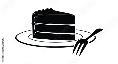 A striking black silhouette depicts a slice of layered chocolate cake presented on a plate with a fork silhouette