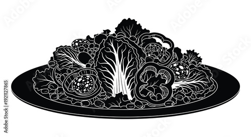 A detailed black and white illustration depicting a diverse array of fresh vegetables arranged on a plate silhouette high quality