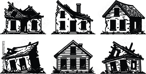 Six destroyed houses with broken windows and damaged roofs  illustration of dilapidated homes in various states of disrepair