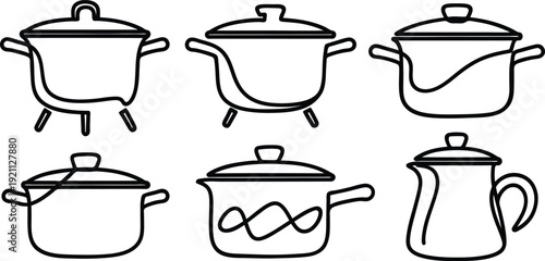 Six black line drawings of pots and pans with lids and handles for cooking and serving food  isolated on transparent background