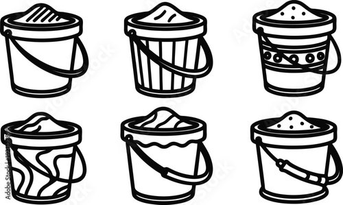 Six different illustrations of buckets with sand and handles in black lines on white background