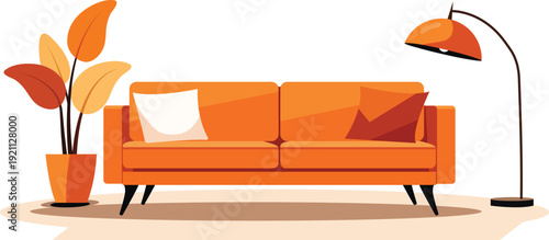 Modern Orange Sofa with Potted Plant in Stylish Living Room Interior Design Setting