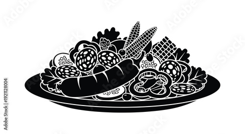 A detailed illustration of a barbecue feast showcasing grilled meats vegetables and corn on the cob silhouette