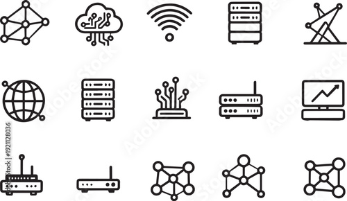 Technology icon set with networking and communication symbols