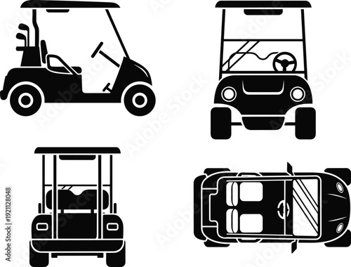 Vector black golf cart icon set featuring side view front view back view and top view silhouettes for sports transportation and course navigation design