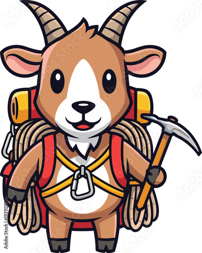 Cute mountain goat climber mascot with backpack rope and ice axe, cartoon adventure animal vector for outdoor branding design