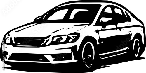 Black silhouette of a modern sedan isolated on a white background, detailed vector illustration with bold contours and high contrast automotive design.