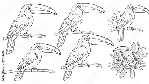 Line drawing of six toucans perched on branches. Five are on plain branches, while one is surrounded by tropical leaves and flowers, conveying a vibrant, natural theme.